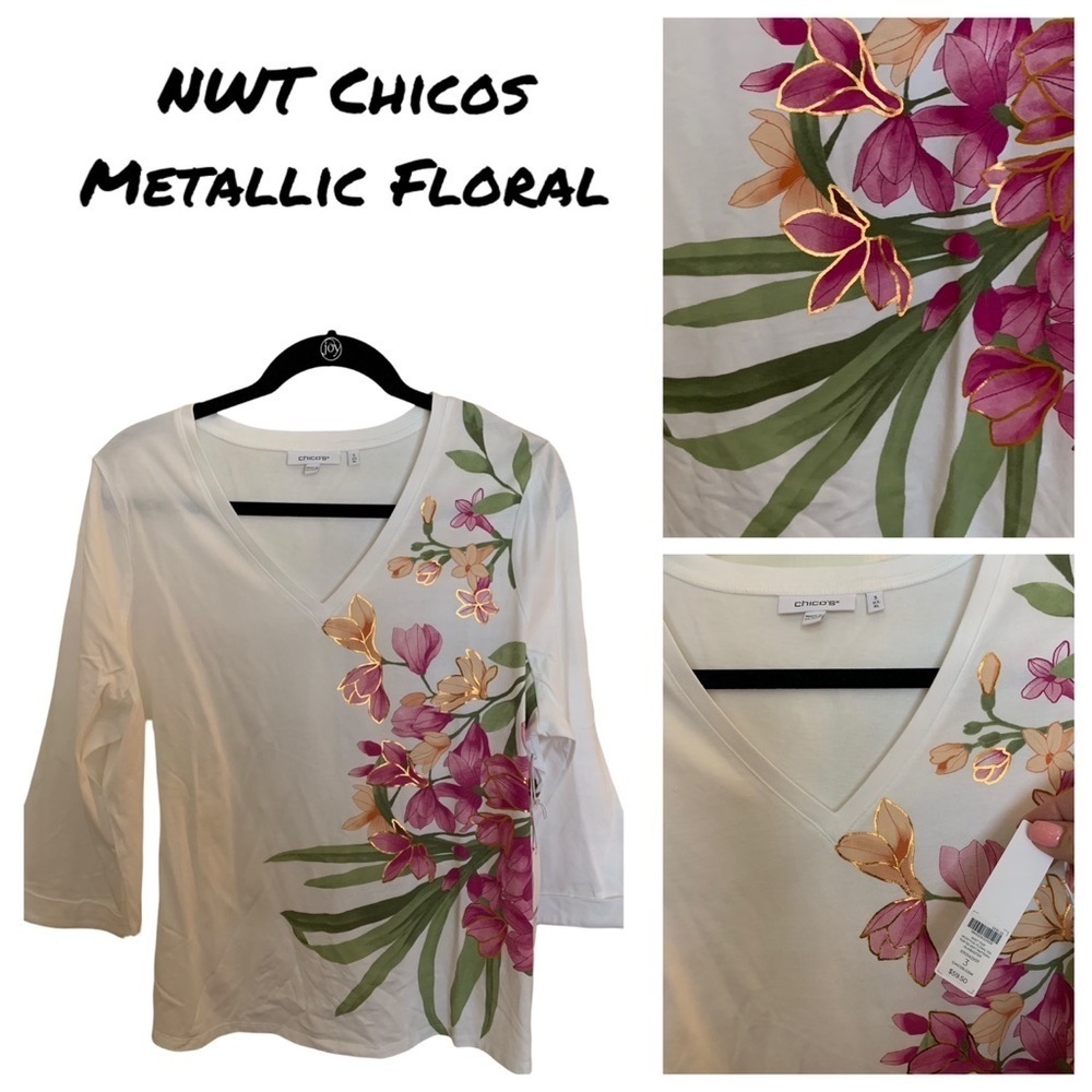 NWT Chicos “Wow Foil Floral” White Pink Top 3/4 length sleeve top. Sz 3 (14-16)